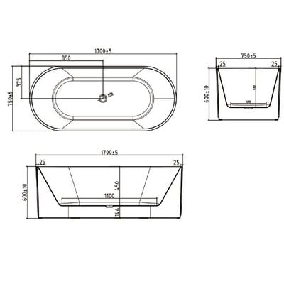 Milano Plus Anthem Freestanding Bath Tub 1700X750X550 Matte Black